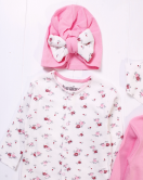 3-9 Ay Çiçek Nakışlı Kız Bebek 4'lü Tulum Seti Pembe