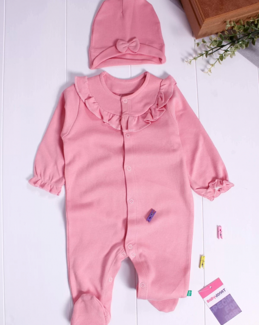 3-9 Ay Kız Bebek Tulum Robası Astarlı Fiyonk Şapkalı Pembe