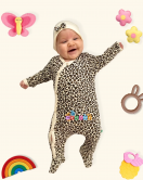 3-6 Ay Açık Kahve Leopar Kız Bebek 4'lü Tulum Seti Kahverengi