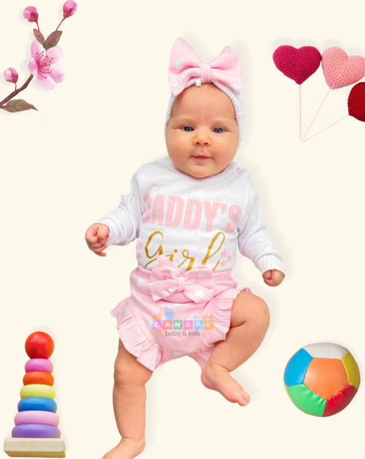 3-6 Ay Kız Bebek Alt&Üst Takımı Daddy's Girl Bandanalı Pembe