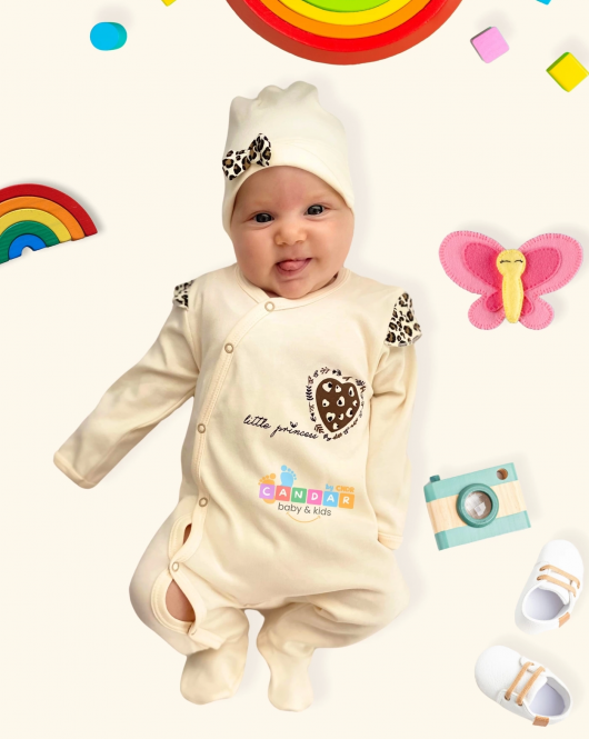 3-6 Ay Leopar Kız Bebek 4'lü Tulum Seti Kahverengi