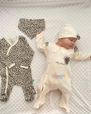 3-6 Ay Leopar Kız Bebek 4'lü Tulum Seti Kahverengi