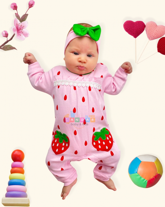 3-9 Ay Çilek Nakışlı Kız Bebek Tulumu Pembe