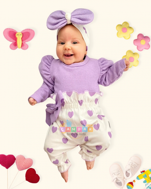 3-9 Ay Kız Bebek Kalp Waffle Bandanalı 2'li Tulum Lila