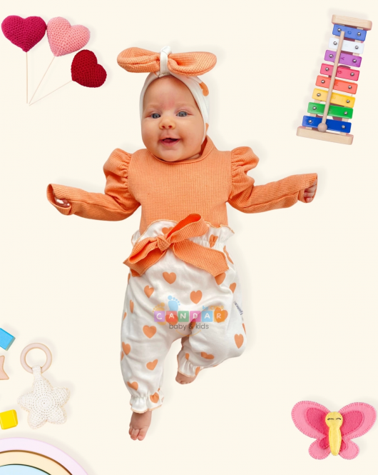 3-9 Ay Kız Bebek Kalp Waffle Bandanalı 2'li Tulum Turuncu