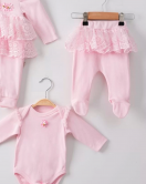 3 Ay Kız Bebek Alt&Üst Takımı Dantel İşlemeli 5'li Pembe
