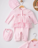 3 Ay Kız Bebek Alt&Üst Takımı Dantel İşlemeli 5'li Pembe