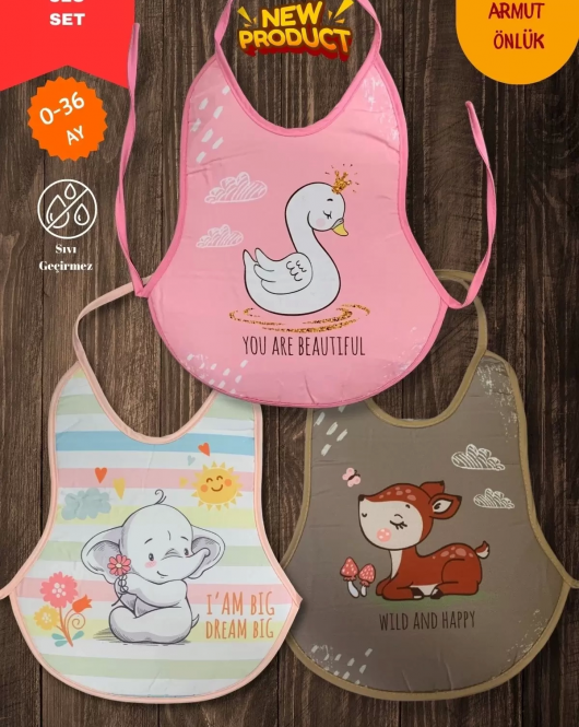 3'lü Set Kuğu Karaca Ekose Baskılı Ekonomik Sıvı Geçirmez Armut Mama Önlüğü (0-18 Ay)