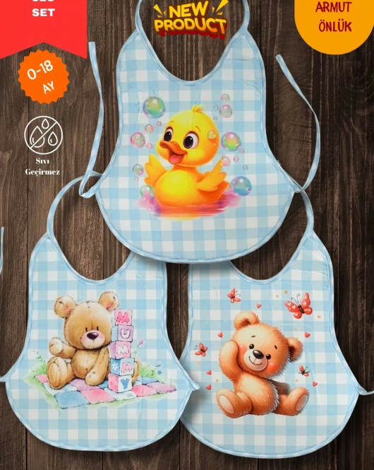 3'lü Set Mavi Ekose Baskılı Ekonomik Sıvı Geçirmez Armut Mama Önlüğü (0-18 Ay)