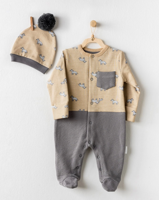 Andywawa AC24159 Little Zebra Bebek Tulum Takım Beige Grey