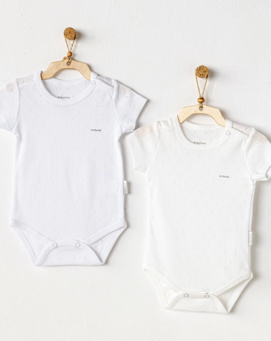 Andywawa AC24704 Jacquard Kısa Kol 2'Li Bebek Body Ecru White