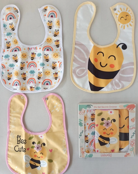 Arı Desenli 3'lü Kutulu Bebek Mama Önlüğü