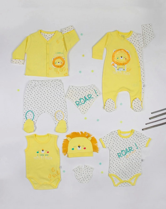 Aslan Desenli % 100 Pamuk 8'li Erkek Bebek Zıbın Seti