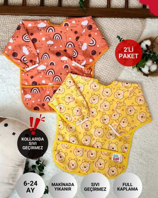 Bear Ve Rainbow Desenli 2'li Paket Sıvı Geçirmez Unisex Aktivite Ve Mama Önlüğü 6-24 Ay