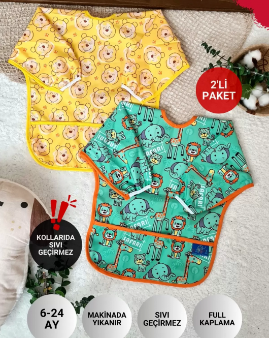 Bear Ve Safari Desenli 2'li Paket Sıvı Geçirmez Unisex Aktivite Ve Mama Önlüğü 6-24 Ay