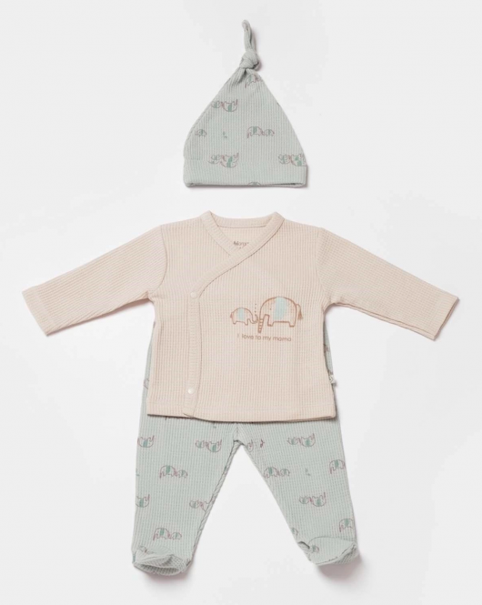 Bibaby Biorganic Waffle I Love My Mama 3'Lü Bebek Set 58033 Bej-Mint