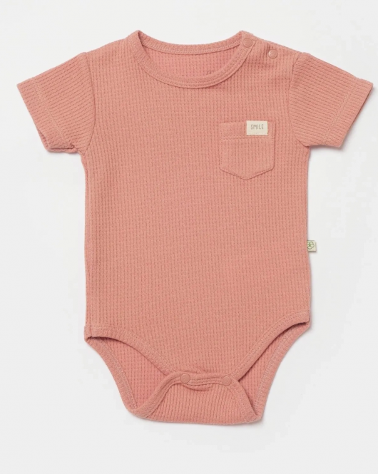 Bibaby Biorganic Waffle Smile Kısa Kol Bebek Body 56987 Red-Brown