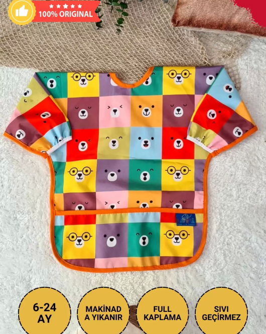 Candar Kare Ayılar Desenli Sıvı Geçirmez Unisex Aktivite Ve Mama Önlüğü 6-24 Ay
