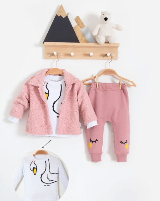 3-18 Ay Kız Bebek Takımı Peluş Hırkalı 3 Lü Pembe