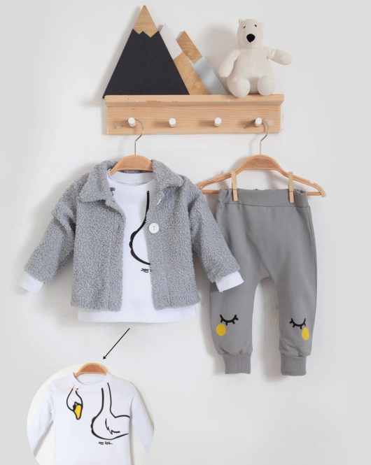 3-18 Ay Kız Bebek Takımı Peluş Hırkalı 3 Lü Gri