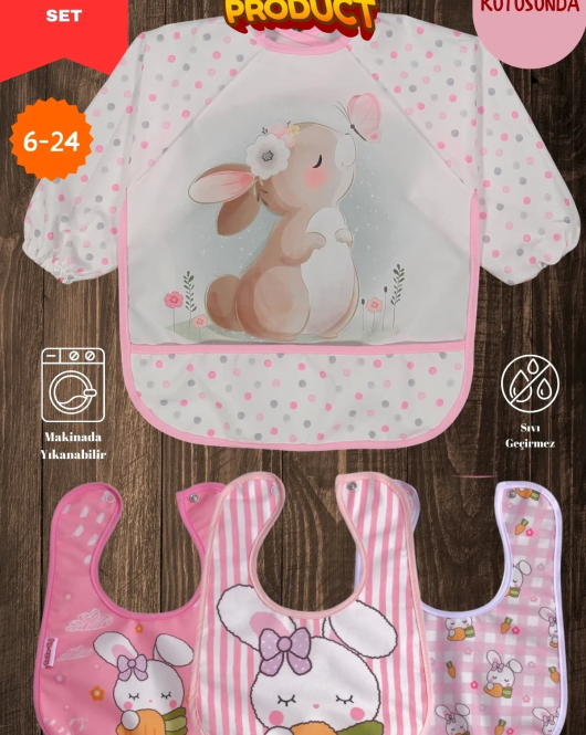 Candar Sevimli Tavşan Desen 4'lü Set Eko Sıvı Geçirmez Aktivite Ve Mama Önlüğü Kendi Kutusunda 6-24 Ay