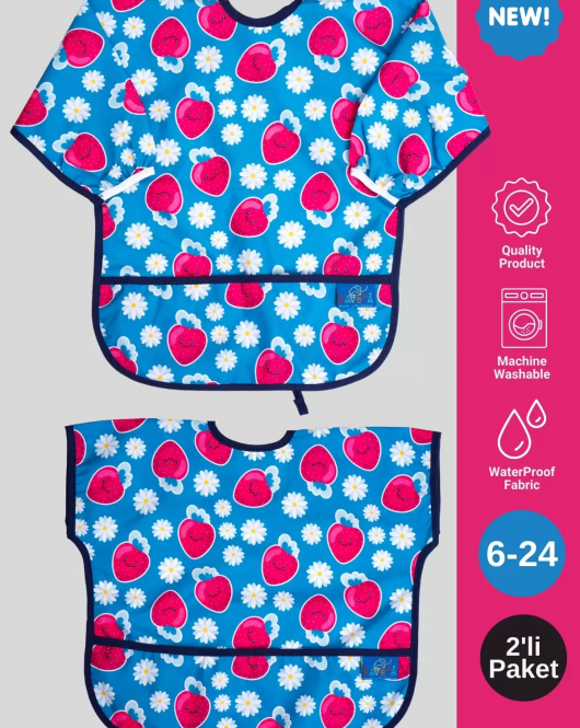 Candar Stawberry Desenli 2'li Paket Uzun Ve Kısa Kol Aktivite Ve Mama Önlüğü 6- 24 Ay