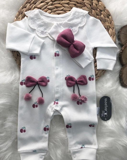 Çilek Nakışlı % 100 Pamuk Kız Bebek Tulumu