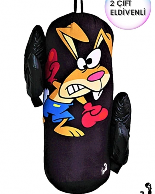 Çocuk Boks Torbası 2 Çift Eldiven Hediyeli Eğlenceli Evde Boks(Unisex Kız-Erkek) Siyah