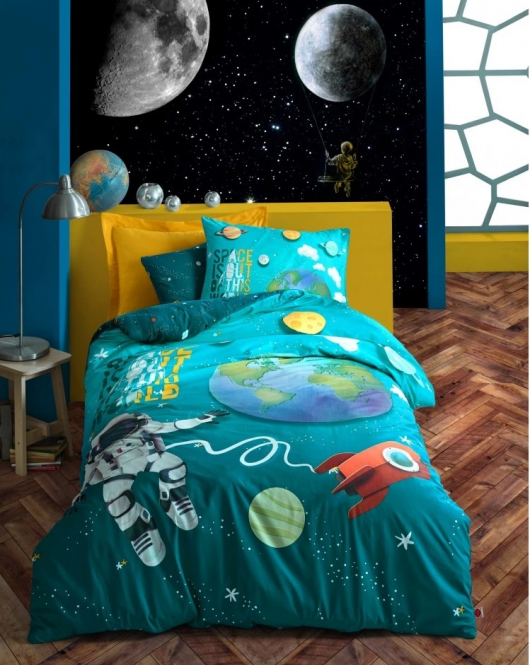 Cotton Box Junior Ranforce Nevresim Takımı Tek Kişilik Little Astronaut Turkuaz