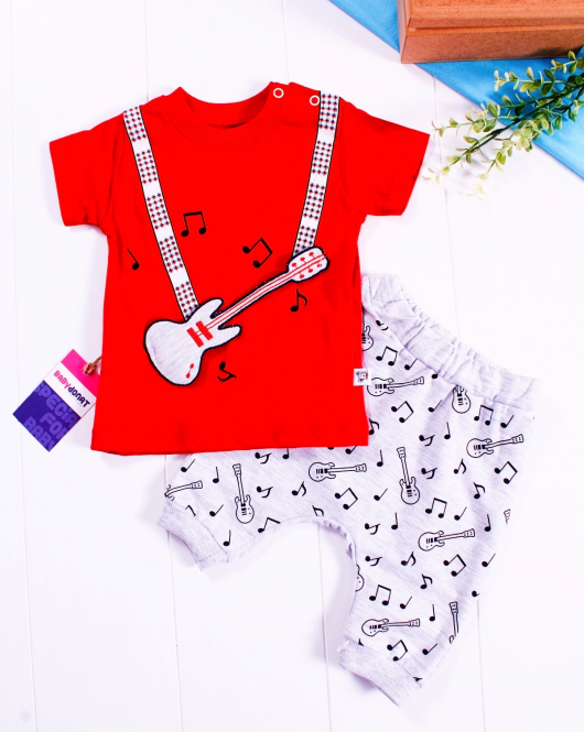 3-12 Ay Erkek Bebek Alt&Üst Takımı Gitar 2'li Kırmızı