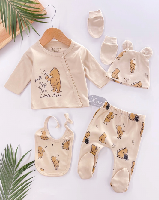 Hello Little Bear Yandan Çıtçıtlı Yenidoğan %100 Pamuk 5li Set