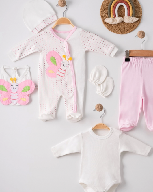 3 Ay Kelebek Nakışlı Tulumlu Kız Bebek 5'li Set Pembe