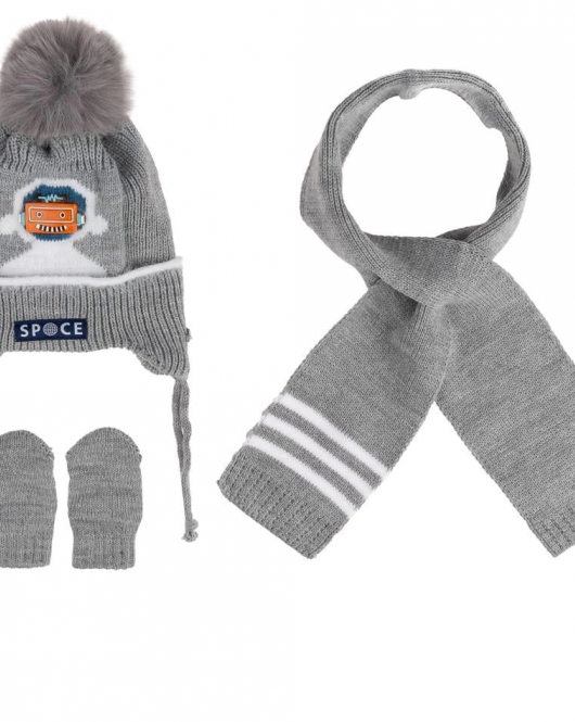 Kitti Bebe Erkek Atkı Bere Eldiven Takım (0-18 Ay) K24150-08 Açık Gri
