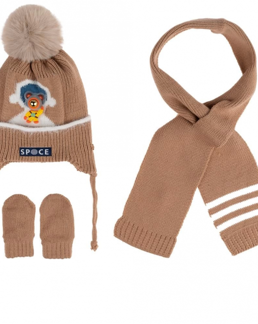 Kitti Bebe Erkek Atkı Bere Eldiven Takım (0-18 Ay) K24150-08 Açık Kahve