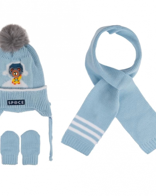 Kitti Bebe Erkek Atkı Bere Eldiven Takım (0-18 Ay) K24150-08 Açık Mavi