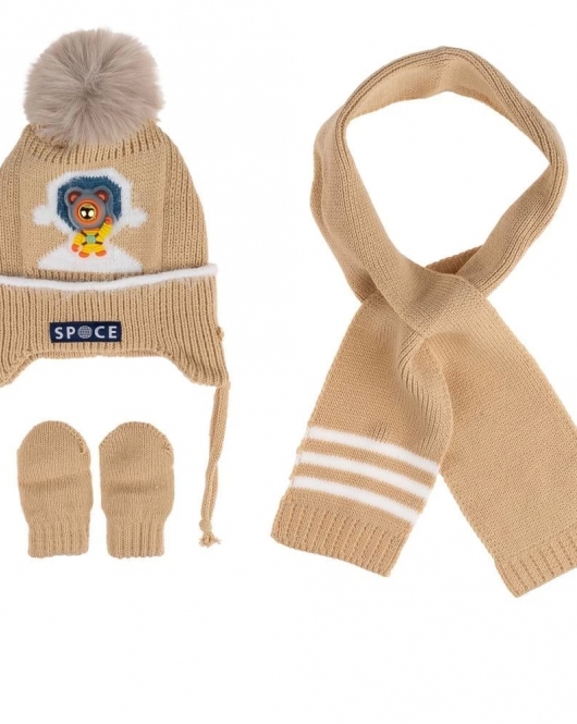 Kitti Bebe Erkek Atkı Bere Eldiven Takım (0-18 Ay) K24150-08 Bej