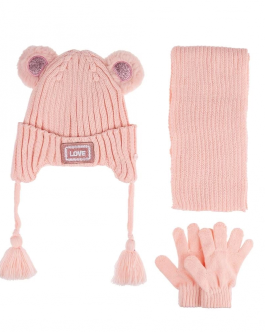 Kitti Bebe Kız Atkı Bere Eldiven Takım (1-4 Yaş) K24160-01 Soft Pembe
