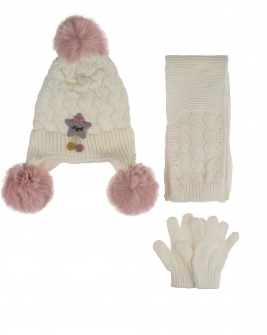 Kitti Bebe Kız Atkı Bere Eldiven Takım (1-4 Yaş) K24160-02 Krem