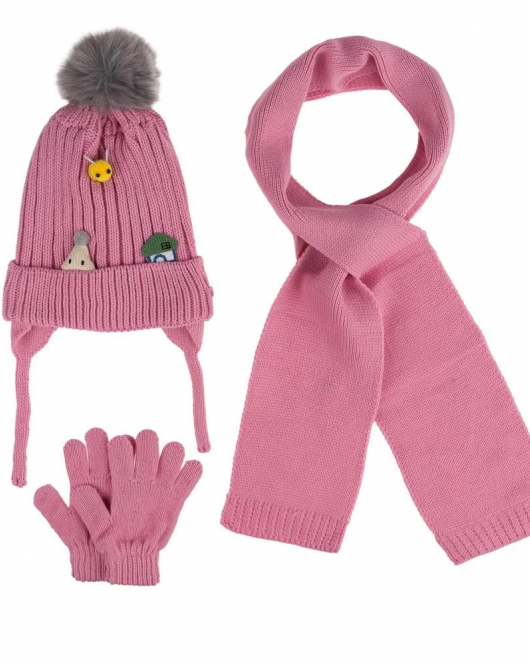 Kitti Bebe Kız Atkı Bere Eldiven Takım (1-4 Yaş) K24160-03 Pembe