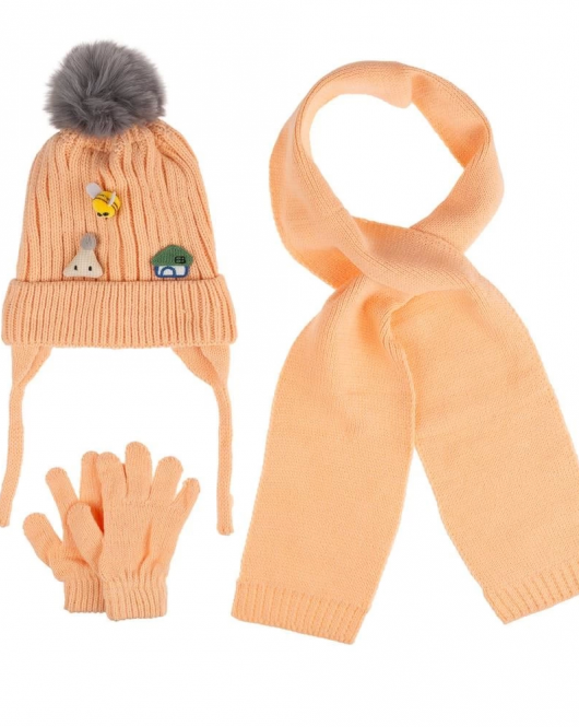 Kitti Bebe Kız Atkı Bere Eldiven Takım (1-4 Yaş) K24160-03 Şeftali