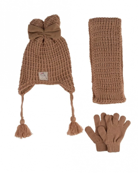 Kitti Bebe Kız Atkı Bere Eldiven Takım (1-4 Yaş) K24160-04 Açık Kahve