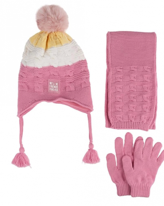 Kitti Çocuk Kız Atkı Bere Eldiven Takım (4-8 Yaş) K24170-01 Pembe