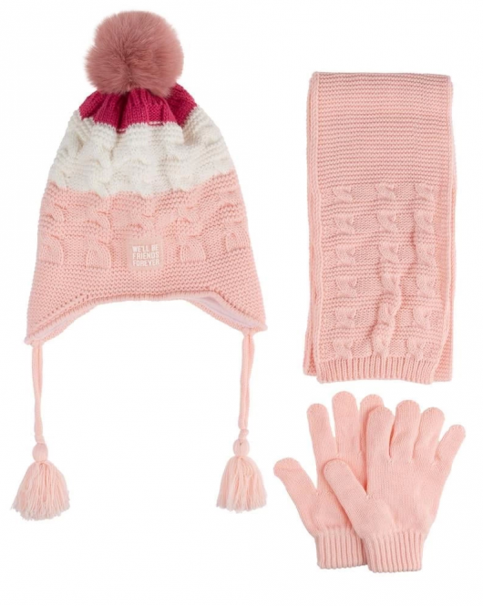 Kitti Çocuk Kız Atkı Bere Eldiven Takım (4-8 Yaş) K24170-01 Soft Pembe