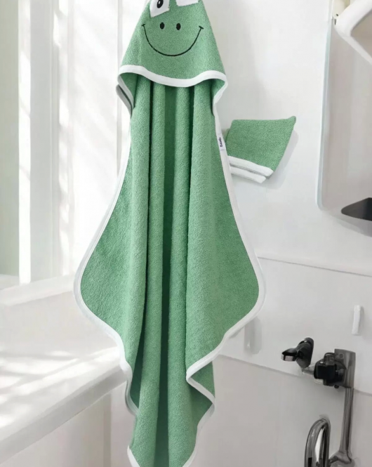 Kurbağa Nakışlı Unisex Şapka Ve Keseli Bebek Banyo Havlusu