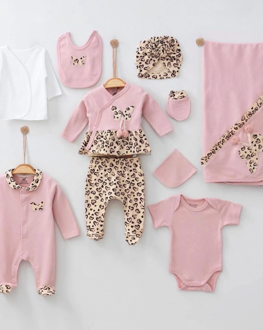 3 Ay Kız Bebek Leopar 10 Parça Hastane Çıkışı Kutulu Pembe