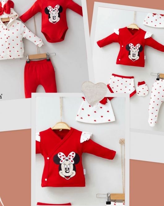 Yenidoğan Mickey Desenli 8'li Kız Bebek Hastane Çıkışı Kırmızı