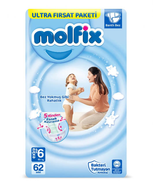 Molfix Bebek Bezi Ultra Fırsat Paketi 6 Beden 15+ Kg 62 Adet