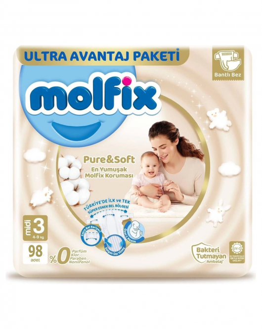 Molfix Pure&Soft Bebek Bezi Ultra Avantaj Paketi 3 Beden 4-9 Kg 98 Adet