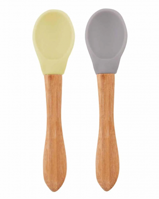OiOi Bambu Saplı Silikon Mama Kaşığı 2li Mellow Yellow / Powder Grey