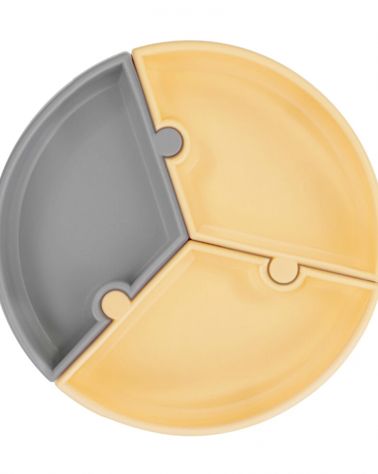 OiOi Puzzle Vakum Tabanlı Silikon Tabak Mellow Yellow / Powder Grey